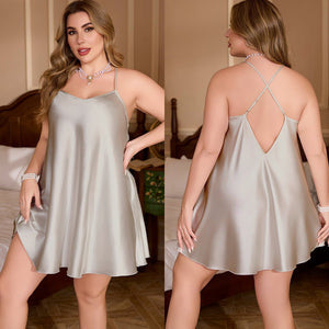 simple casual large - size ice silk solid - color pajamas summer suspenders loungewear SQ22148 - Negative Apparel