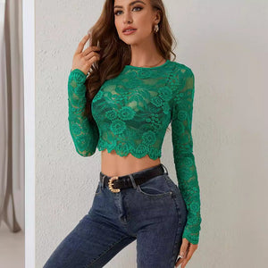 Single - layer lace long - sleeved short pullover slim and thin T-shirt top - Negative Apparel