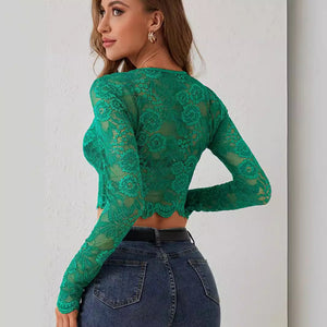 Single - layer lace long - sleeved short pullover slim and thin T-shirt top - Negative Apparel