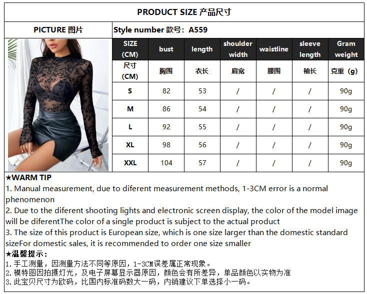 Single - layer mesh small stand - up collar flocking printing long - sleeved bottoming top women's T-shirt - Negative Apparel
