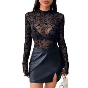 Single - layer mesh small stand - up collar flocking printing long - sleeved bottoming top women's T-shirt - Negative Apparel