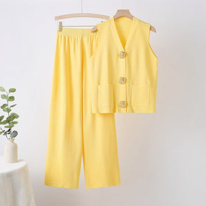 Sleeveless big button knitted top straight wide pants two - piece set - Negative Apparel