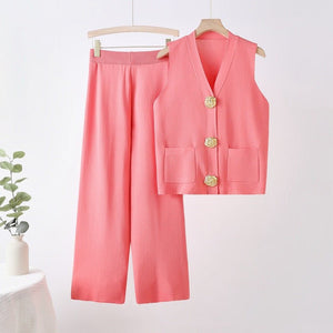 Sleeveless big button knitted top straight wide pants two - piece set - Negative Apparel