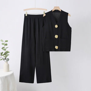 Sleeveless big button knitted top straight wide pants two - piece set - Negative Apparel