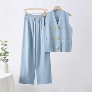 Sleeveless big button knitted top straight wide pants two - piece set - Negative Apparel