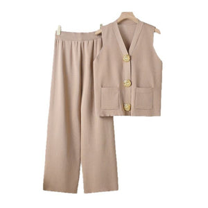 Sleeveless big button knitted top straight wide pants two - piece set - Negative Apparel