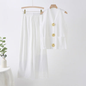 Sleeveless big button knitted top straight wide pants two - piece set - Negative Apparel