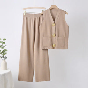 Sleeveless big button knitted top straight wide pants two - piece set - Negative Apparel