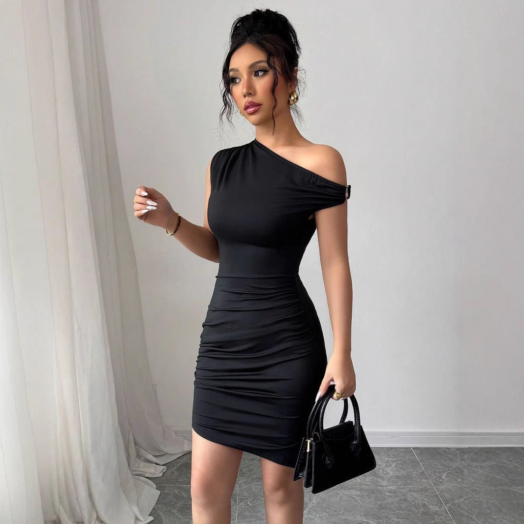 Sleeveless diagonal neck split pleated tight dress - Negative Apparel
