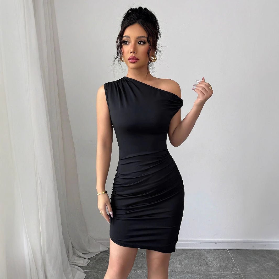 Sleeveless diagonal neck split pleated tight dress - Negative Apparel