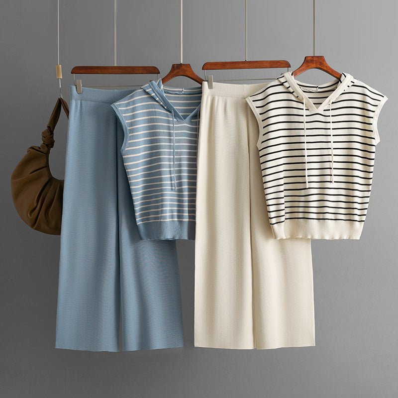 Sleeveless hooded striped knitted top + high - waisted wide - leg pants two - piece set - Negative Apparel