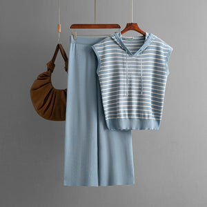 Sleeveless hooded striped knitted top + high - waisted wide - leg pants two - piece set - Negative Apparel