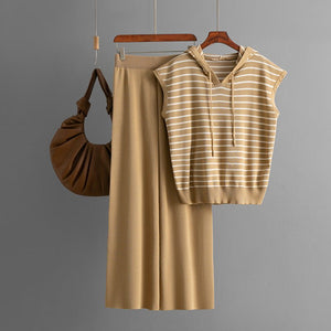 Sleeveless hooded striped knitted top + high - waisted wide - leg pants two - piece set - Negative Apparel