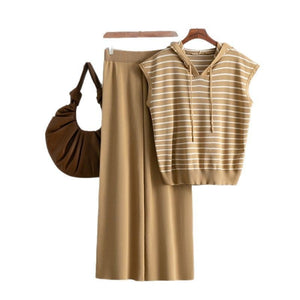 Sleeveless hooded striped knitted top + high - waisted wide - leg pants two - piece set - Negative Apparel