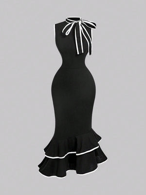 Sleeveless Midi Dress With Tie Neck Black Bow Dress FD - Negative Apparel