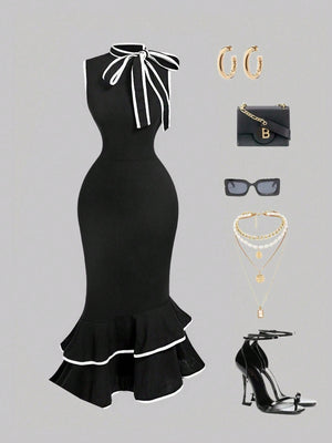 Sleeveless Midi Dress With Tie Neck Black Bow Dress FD - Negative Apparel