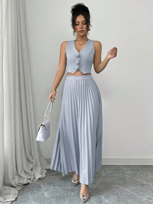 Sleeveless Open Front Cropped Top With 3D Floral Design & Pleated Mini Skirk - Negative Apparel