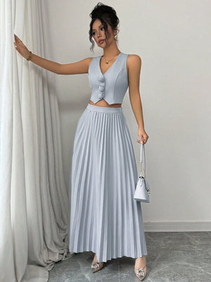 Sleeveless Open Front Cropped Top With 3D Floral Design & Pleated Mini Skirk - Negative Apparel