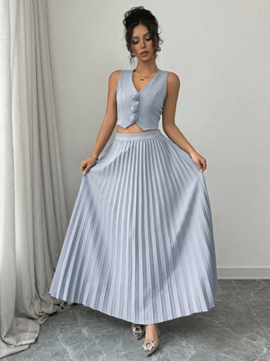 Sleeveless Open Front Cropped Top With 3D Floral Design & Pleated Mini Skirk - Negative Apparel