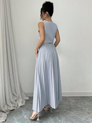 Sleeveless Open Front Cropped Top With 3D Floral Design & Pleated Mini Skirk - Negative Apparel