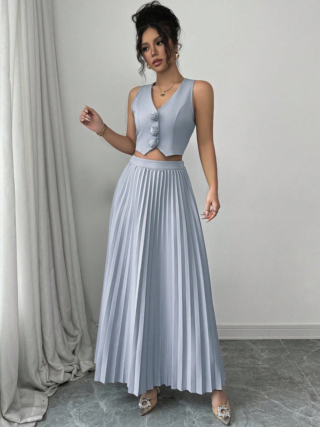 Sleeveless Open Front Cropped Top With 3D Floral Design & Pleated Mini Skirk - Negative Apparel