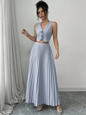 Sleeveless Open Front Cropped Top With 3D Floral Design & Pleated Mini Skirk - Negative Apparel