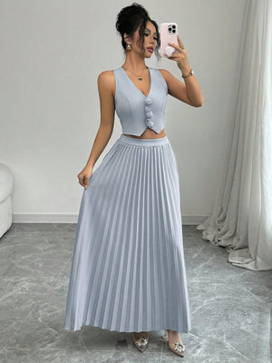 Sleeveless Open Front Cropped Top With 3D Floral Design & Pleated Mini Skirk - Negative Apparel