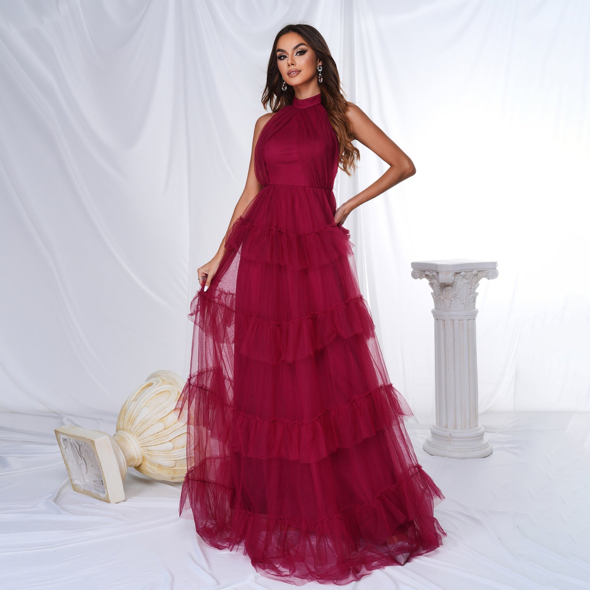 Sleeveless round neck off - shoulder beach vacation long Bohemian style swing dress - Negative Apparel