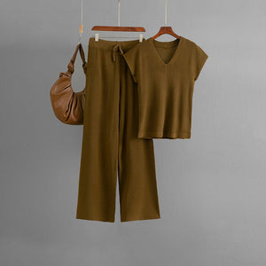 Sleeveless V - neck knitted sweater, top, women's casual pants two - piece set - Negative Apparel