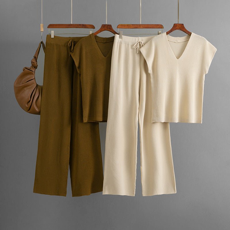 Sleeveless V - neck knitted sweater, top, women's casual pants two - piece set - Negative Apparel