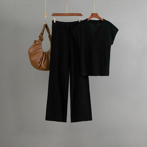 Sleeveless V - neck knitted sweater, top, women's casual pants two - piece set - Negative Apparel