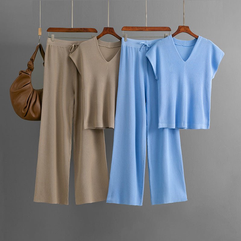 Sleeveless V - neck knitted sweater, top, women's casual pants two - piece set - Negative Apparel