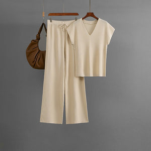 Sleeveless V - neck knitted sweater, top, women's casual pants two - piece set - Negative Apparel