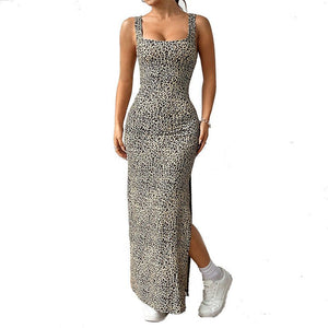slim - fit leopard print dress 2025 summer new Spice Girl suspender dress long dress women - Negative Apparel