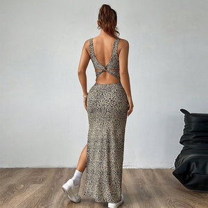 slim - fit leopard print dress 2025 summer new Spice Girl suspender dress long dress women - Negative Apparel