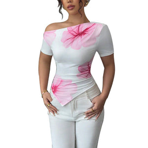 Slim - fit T-shirt irregular slanted shoulder short - sleeved top - Negative Apparel