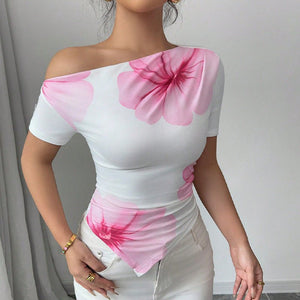 Slim - fit T-shirt irregular slanted shoulder short - sleeved top - Negative Apparel