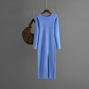 Slim - fitting knitted dress women's inner and outer wear medium and long long - sleeved tight bottom hip skirt - Negative Apparel