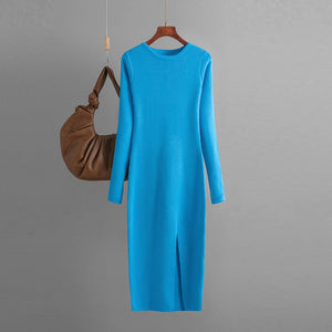 Slim - fitting knitted dress women's inner and outer wear medium and long long - sleeved tight bottom hip skirt - Negative Apparel