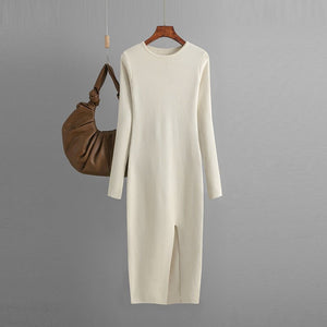 Slim - fitting knitted dress women's inner and outer wear medium and long long - sleeved tight bottom hip skirt - Negative Apparel