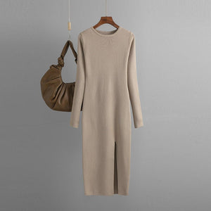 Slim - fitting knitted dress women's inner and outer wear medium and long long - sleeved tight bottom hip skirt - Negative Apparel
