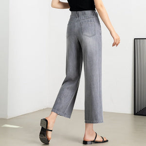 Smoky gray summer thin jeans women's versatile high - waisted thin loose wide - leg pants Tencel nine - point straight - leg pants - Negative Apparel