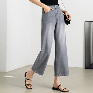 Smoky gray summer thin jeans women's versatile high - waisted thin loose wide - leg pants Tencel nine - point straight - leg pants - Negative Apparel