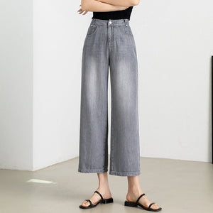 Smoky gray summer thin jeans women's versatile high - waisted thin loose wide - leg pants Tencel nine - point straight - leg pants - Negative Apparel