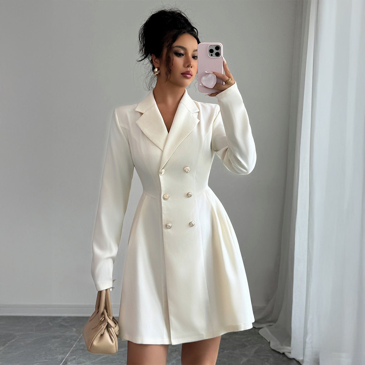Solid Apricot Double - Breasted Blazer Dress | Negative Apparel - Negative Apparel
