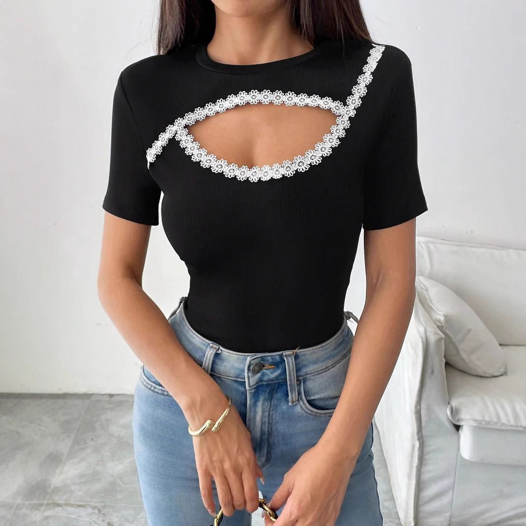 Solid color decorative applique round neck short sleeve fashion T-shirt top - Negative Apparel