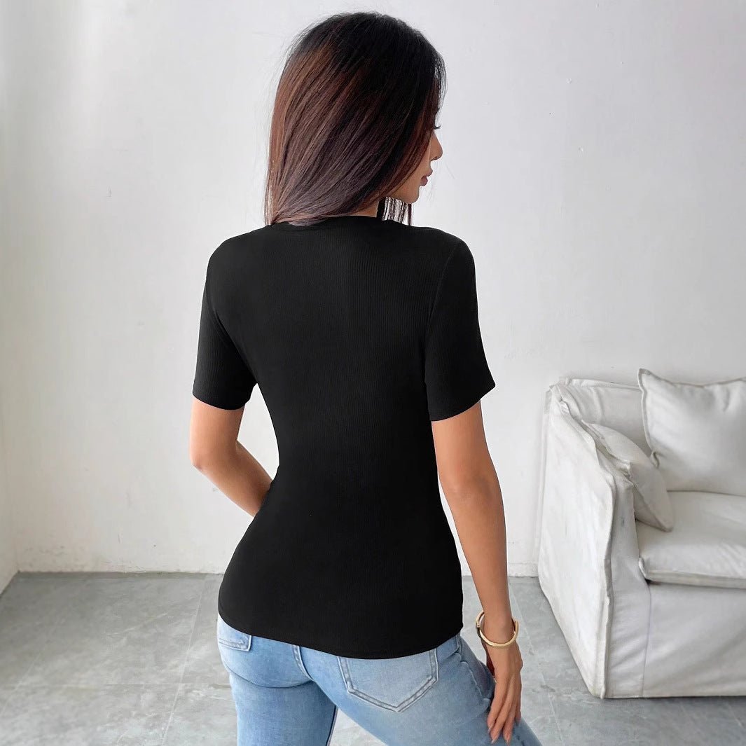 Solid color decorative applique round neck short sleeve fashion T-shirt top - Negative Apparel