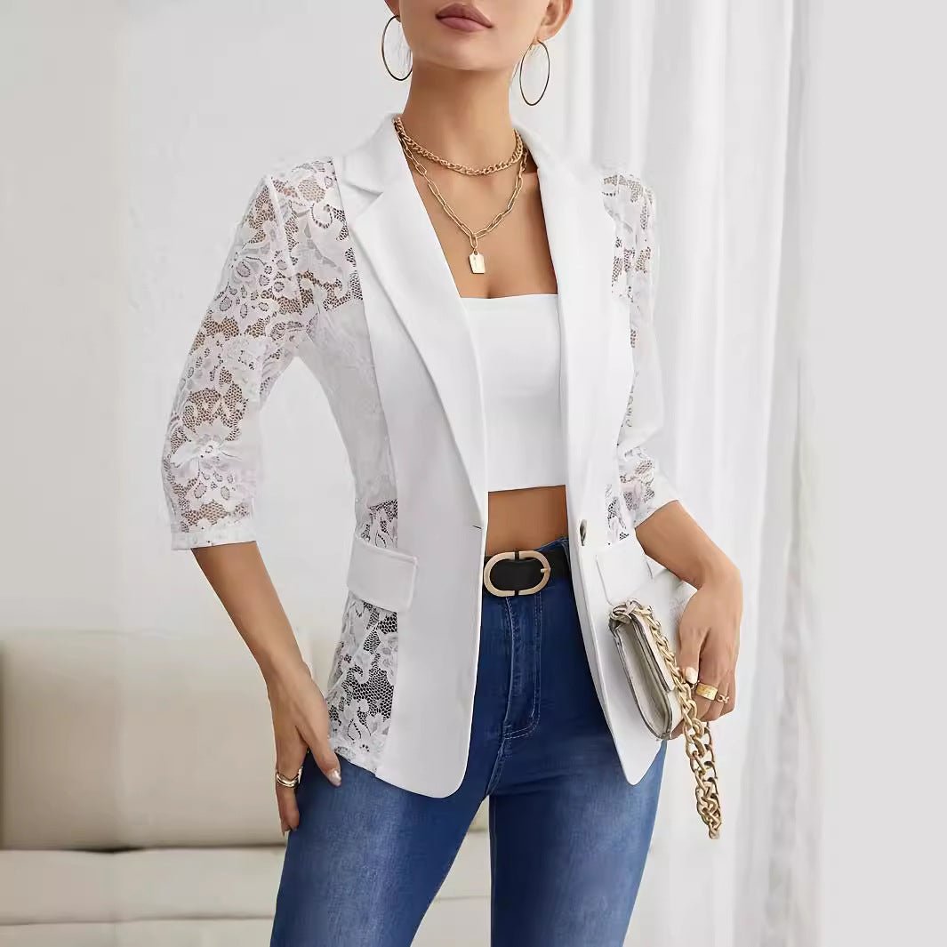 Solid color fashion lace splicing small blazer women's top - Negative Apparel