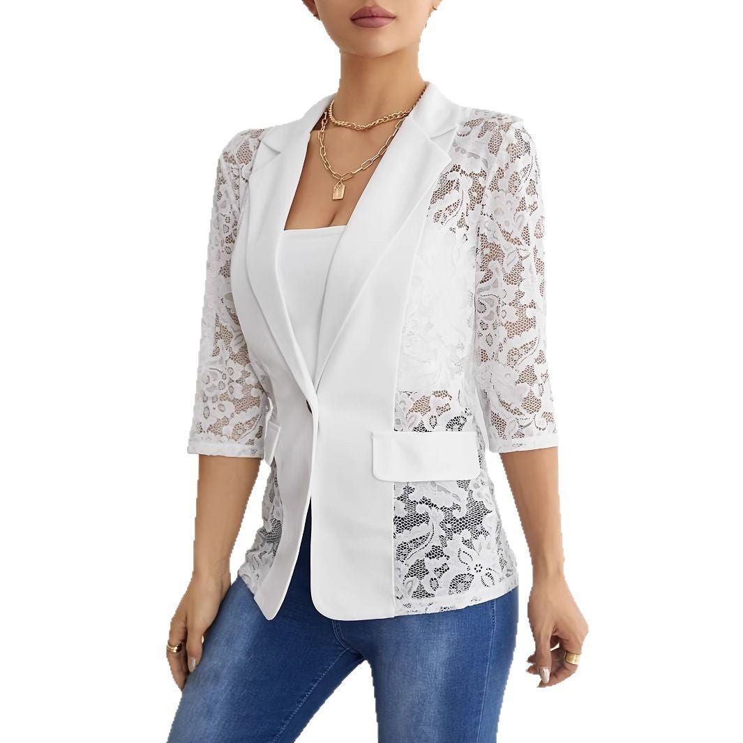 Solid color fashion lace splicing small blazer women's top - Negative Apparel