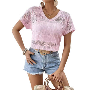 Solid color fashion loose lace V - neck bat short - sleeved T-shirt - Negative Apparel
